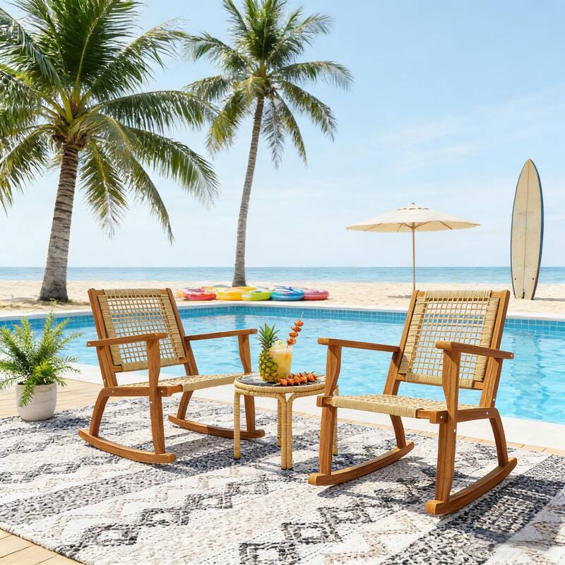 GDFStudio Outdoor Isolde Acacia Wood Rocking Chair with PE Wicker Comfort Set of 2