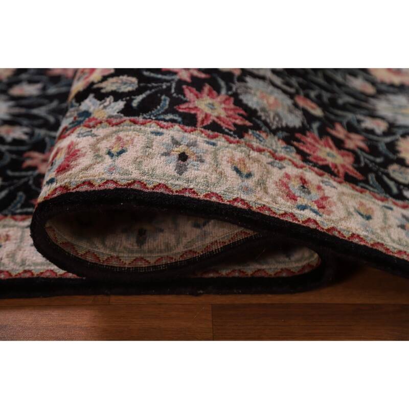 Hand Knotted Oriental 100% Wool Carpet Traditional Floral Black Kashan Runner Rug - 7' 8'' X 2' 6''