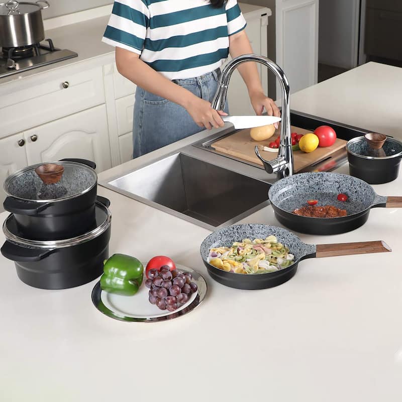 Kitchen Academy 12-Piece Nonstick Granite Stone Cookware Pots and Pans Set with 4 PC Silicone Hot Handle Holder, Induction Set