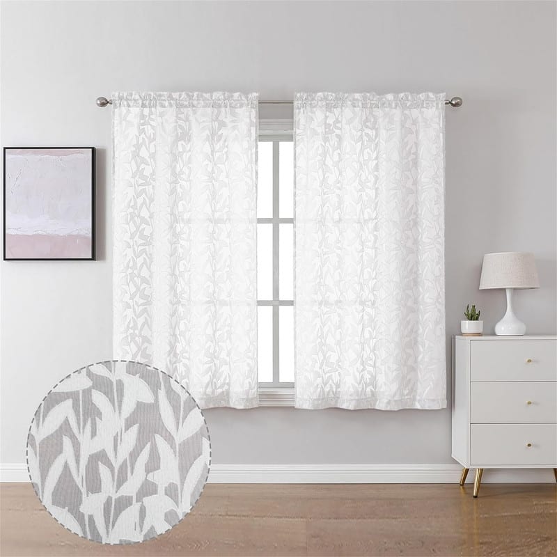 White Sheer Short Curtains 45" Dual Rod Pockets Bedroom