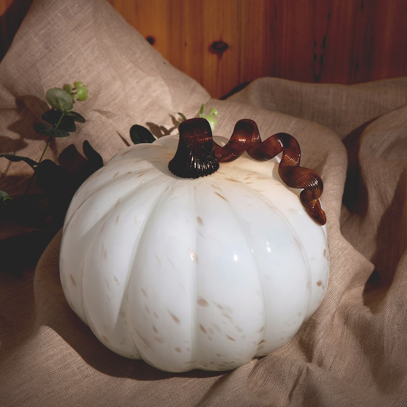 Glitzhome 8.5"D Golden & White Handblown Fall Harvest Glass Pumpkin Thanksgiving Decorations - 9"D