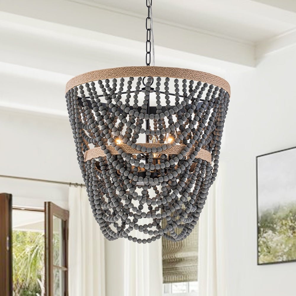 Vintage 3-Light Tiered Beaded Chandelier With Rope Accent - 19.7 in