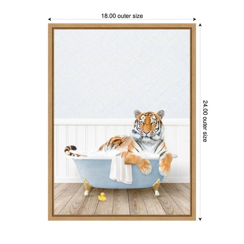 Kate and Laurel Sylvie Tiger in Cottage Blue Bathtub Framed Canvas by Amy Peterson