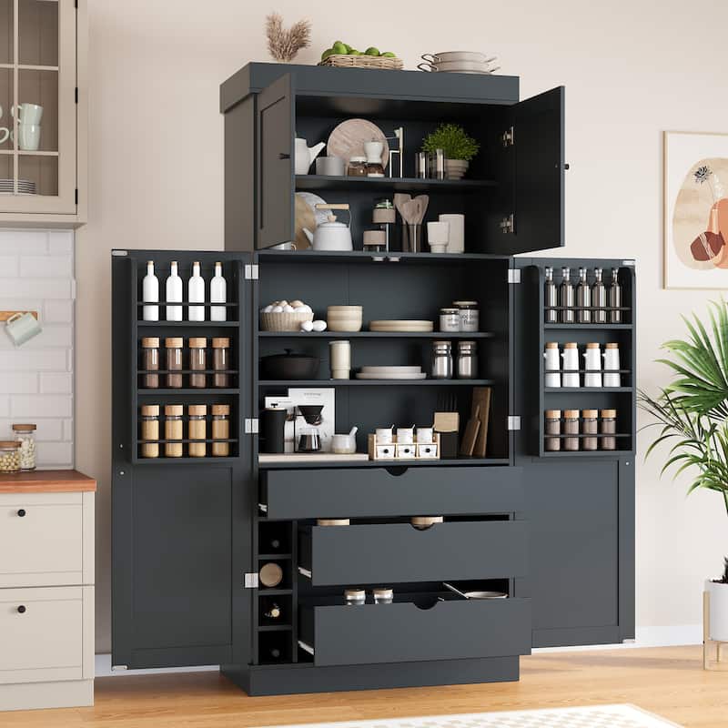 77" Tall Modern Shaker Kitchen Pantry with Wine Rack, Freestanding Storage Cabinet with Drawers & Door Shelves - Black