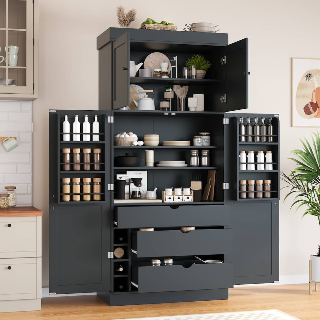 77" Tall Modern Shaker Kitchen Pantry with Wine Rack, Freestanding Storage Cabinet with Drawers & Door Shelves