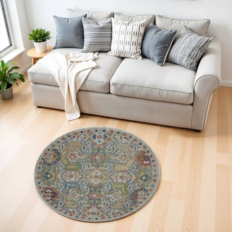 Jigeh Power Loomed Distressed Geometric Floral Traditional Non Skid Area Rug By HomeRoots - 72' X '72' X '0.5 - 72' X '72' X '0.5 - Oxford Blue - Round