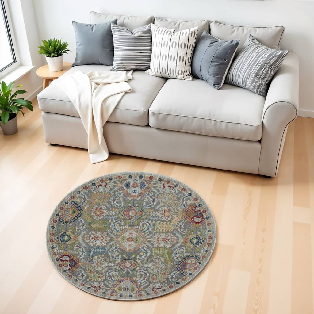 Jigeh Power Loomed Distressed Geometric Floral Traditional Non Skid Area Rug By HomeRoots - 72' X '72' X '0.5