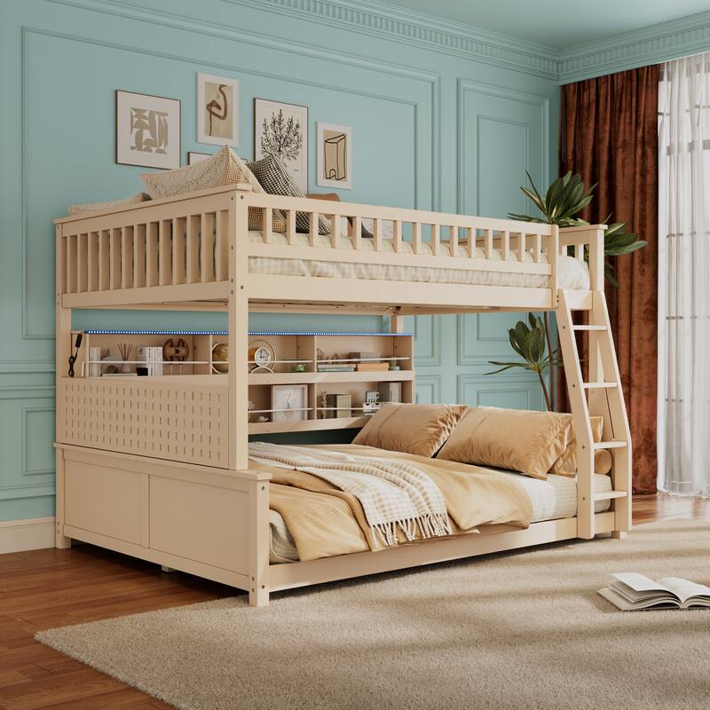 Roomfitters Full XL over Queen Bunk Bed with Storage Shelf, Pegboard and LED Lights