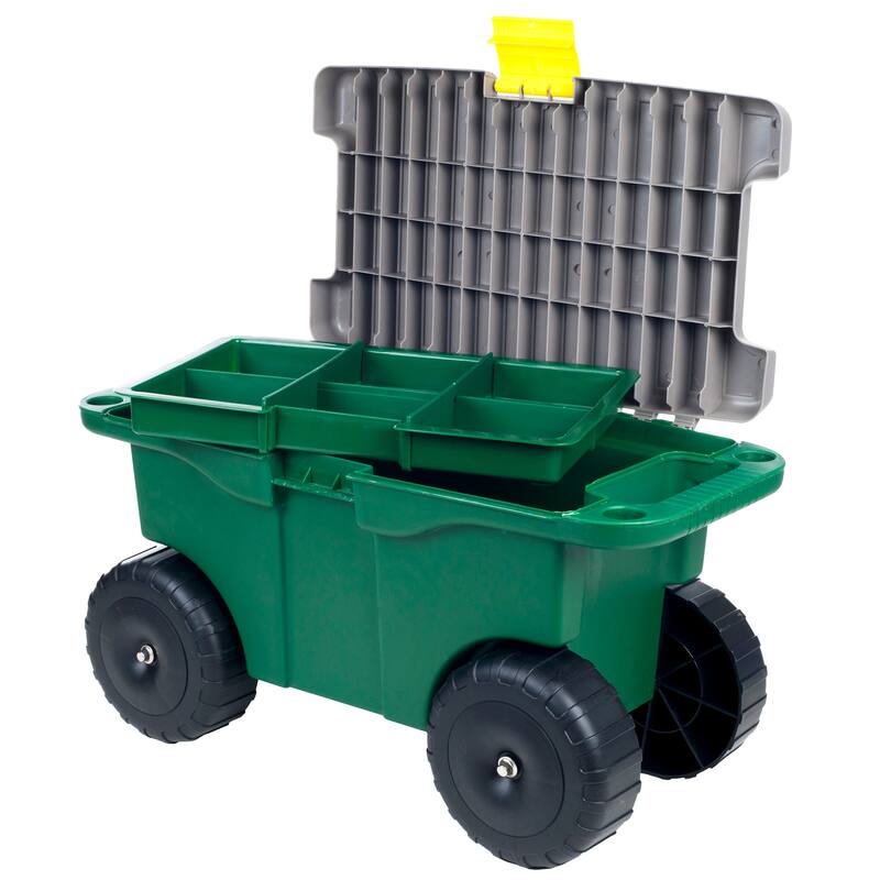 Rolling Garden Cart with Seat - Plastic Storage with Bench and Interior Tool Tray by Pure Garden (Green)