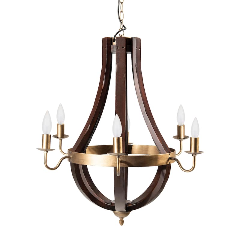 Wood & Metal Chandelier with Six Lightbulbs - Brown and Gold