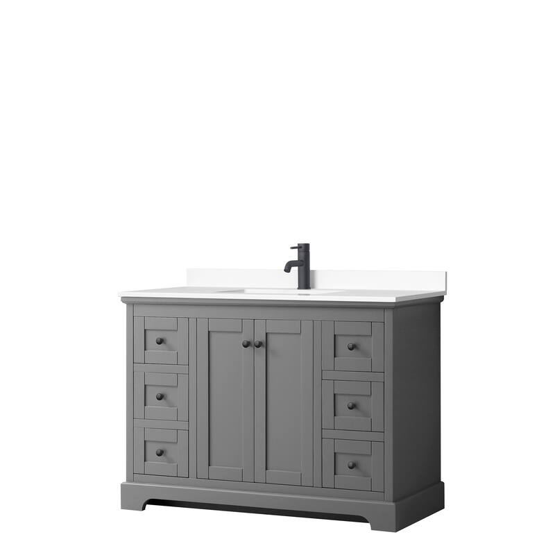 Avery 48 Inch Single Vanity, Cultured Marble Top - Dark Gray, Black Trim, White Cultured Marble Top