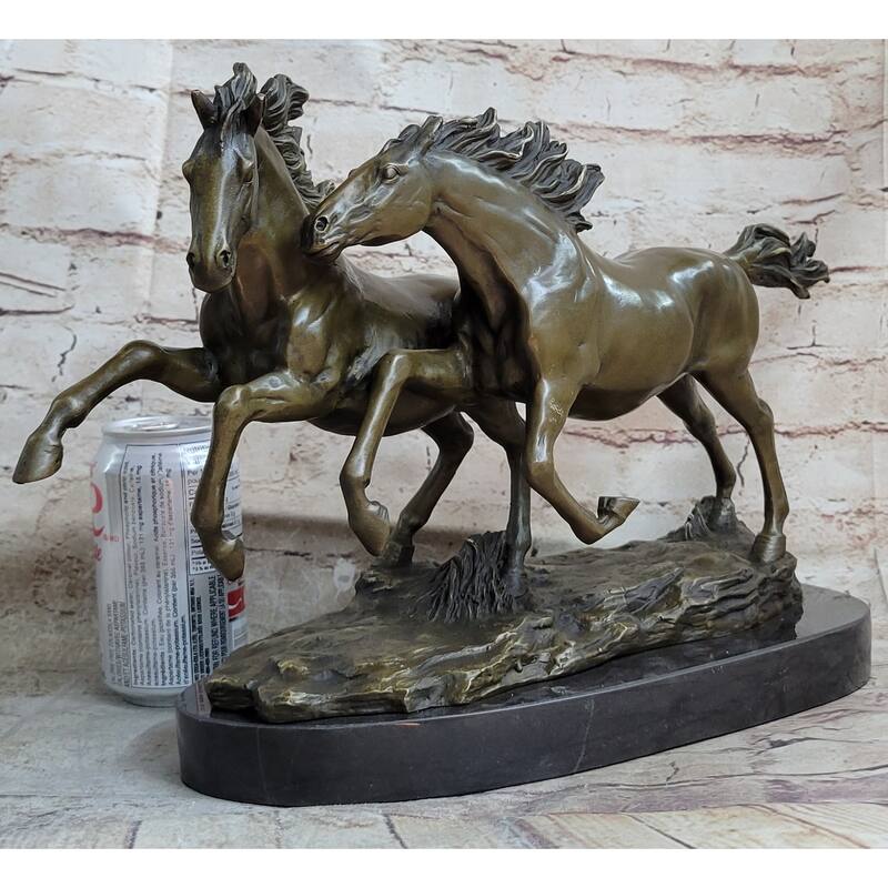 Galloping Pair Of Horses Bronze Statue Sculpture Decor Signed Zhang 10 Inches X 17 Inches