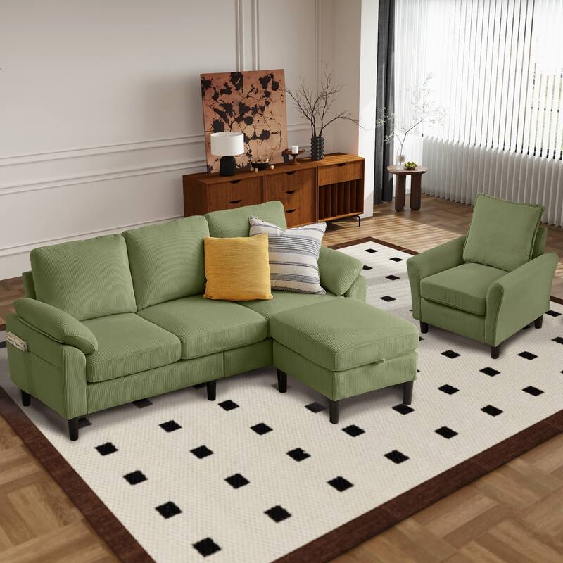 3 Pieces Corduroy Living Room Set with Sectional Sofa, Storage Ottoman and Chair