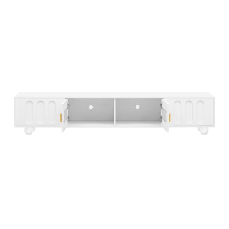 Contemporary 80" TV Stand with Glass Door, 2 Drawers & Cabinets, Solid Wood Legs, Metal Handles, TV Storage Console