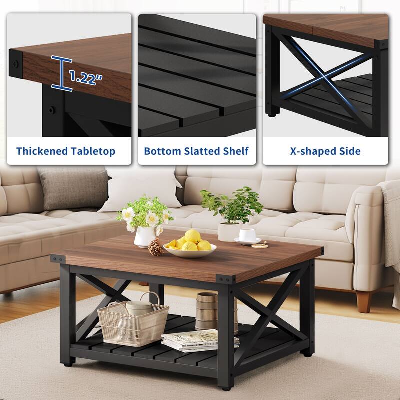 Moasis Farmhouse Square Lift Top Coffee Table with Storage Shelf for Living Room