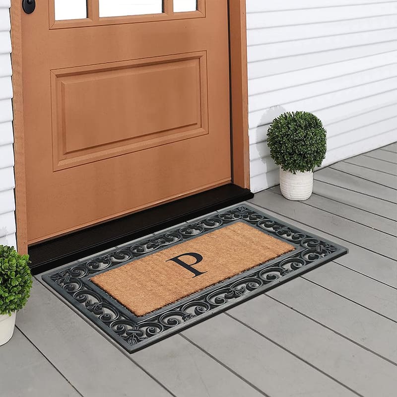 A1HC Rubber and Coir Paisley Border Monogrammed Outdoor Doormat Black, 18"X30"