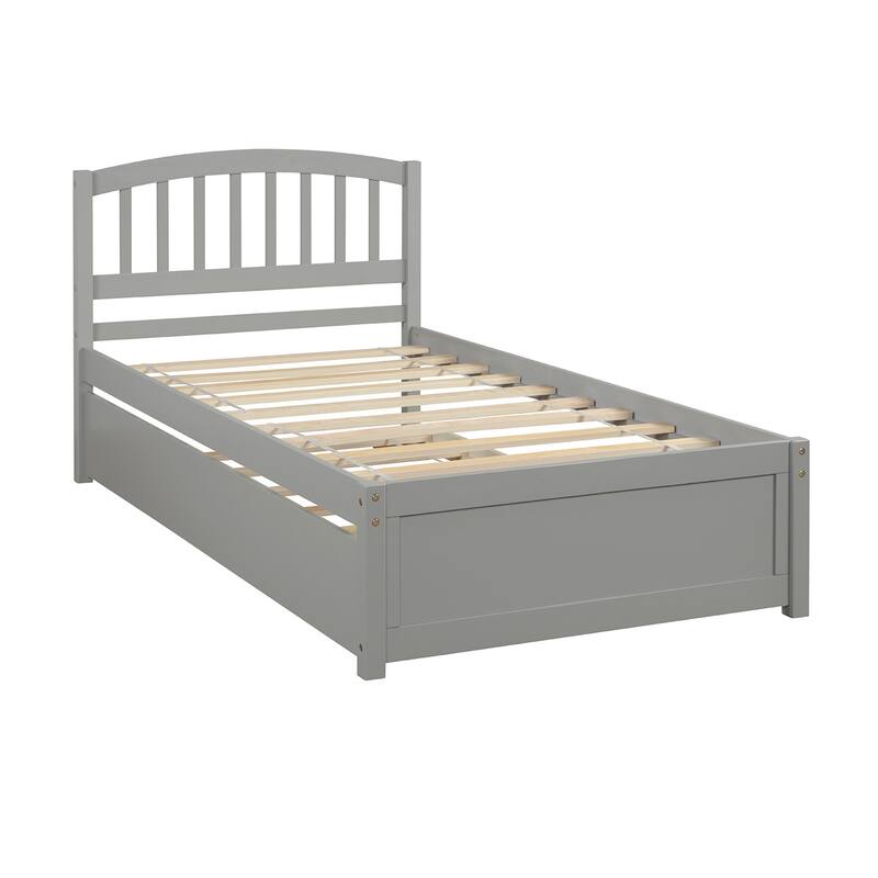 Elegant Twin Platform Bed with Trundle, Solid Pine Wood Frame for Space-Saving Sleepovers