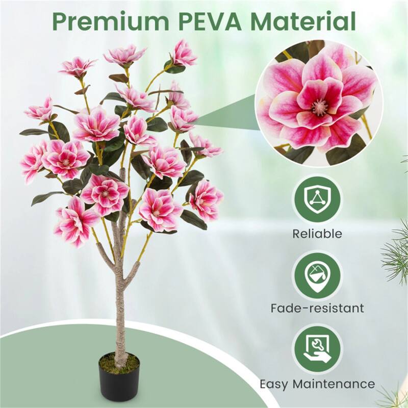 Artificial Magnolia Tree 51 Inch Green White Pink Lifelike Faux Indoor Decorative Plant with Cement Pot - 51"