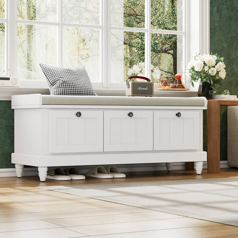 Classic Shoe Bench with Cushion and Three Drawers, Fluted Entryway Bench with Storage for Living Room