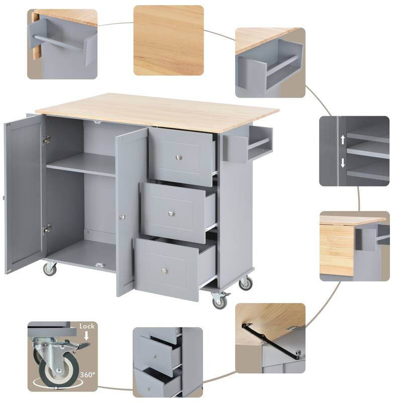 52.7'' Rolling Mobile Kitchen Island with Solid Wood Top