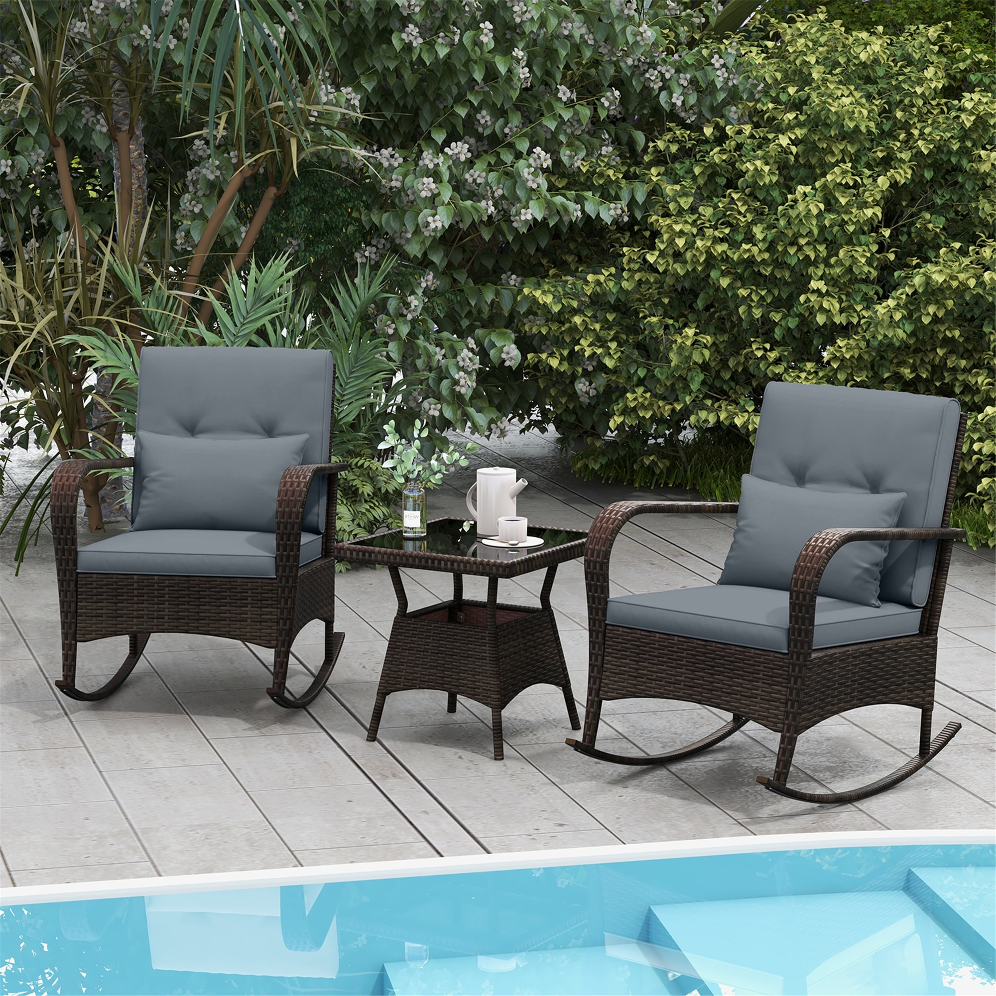 Gymax 3PCS Outdoor Rocking Set Rattan Rocker Chairs w/ Tempered Glass