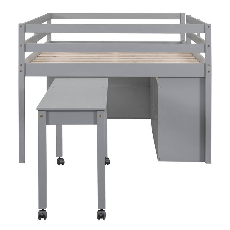 Twin/Full Size Low Loft Bed with Retractable Writing Desk and 4 Drawers, Wooden Loft Bedframe w/ Lateral Portable Desk & Shelves