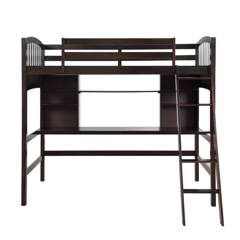 Twin Solid Pine Loft Bed with Desk, Shelves, and Ladder