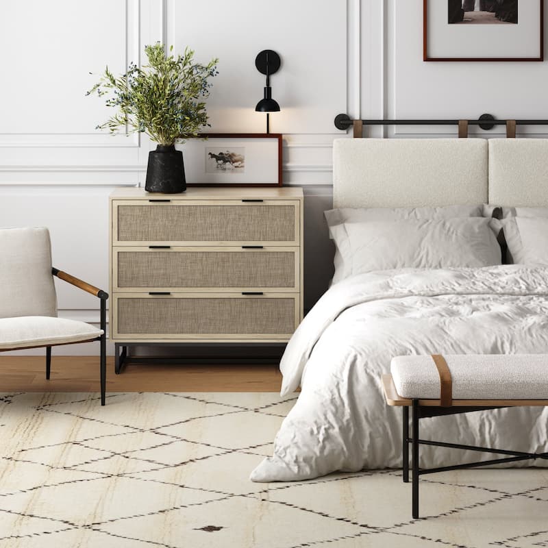 Kova 3-Drawer Rattan Dresser or Bohemian Living Room Storage Cabinet with Textilene Rattan Accent and Metal Legs