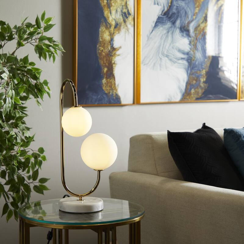 Metal Curved Orb 2 Light Room Table Lamp with White Glass Shades and Marble Base - Gold - Roche River Decor