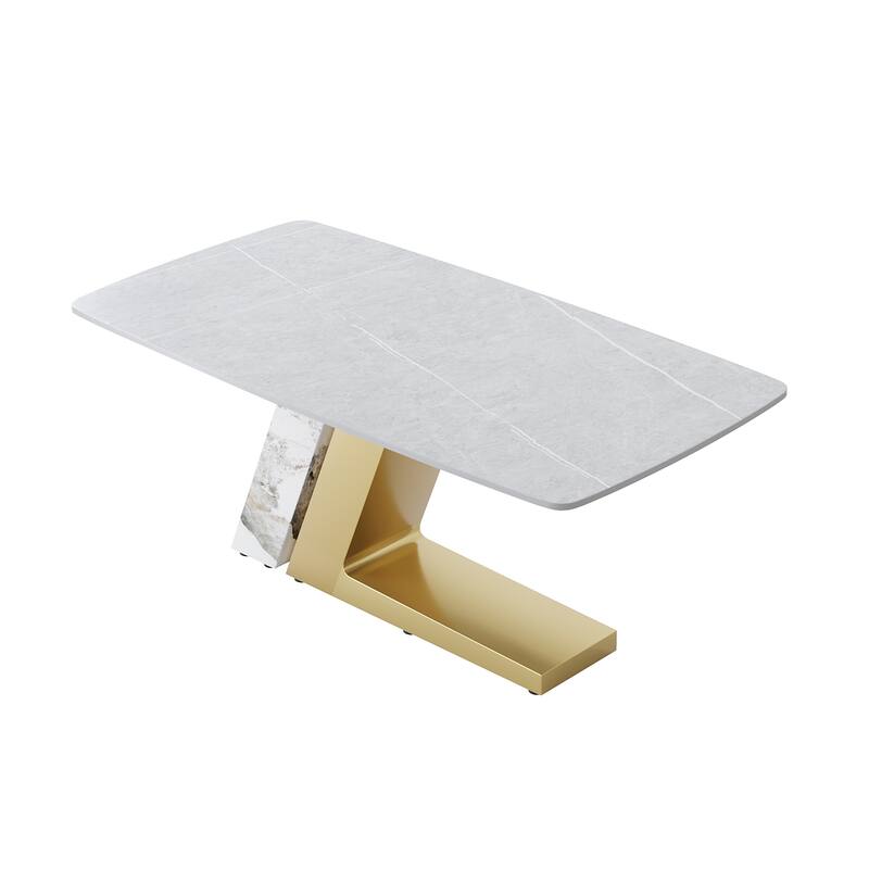 Rectangle Dining Table Faux Marble Tabletop Sintered Stone Panel with Stainless Steel Pedestal