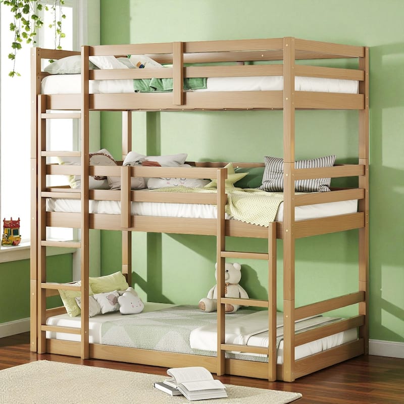 Twin Over Twin Over Twin Rubber Wood Triple Bunk Bed with Guardrails and Two Built-in Ladders, Detachable 3-Tier Bed Frame