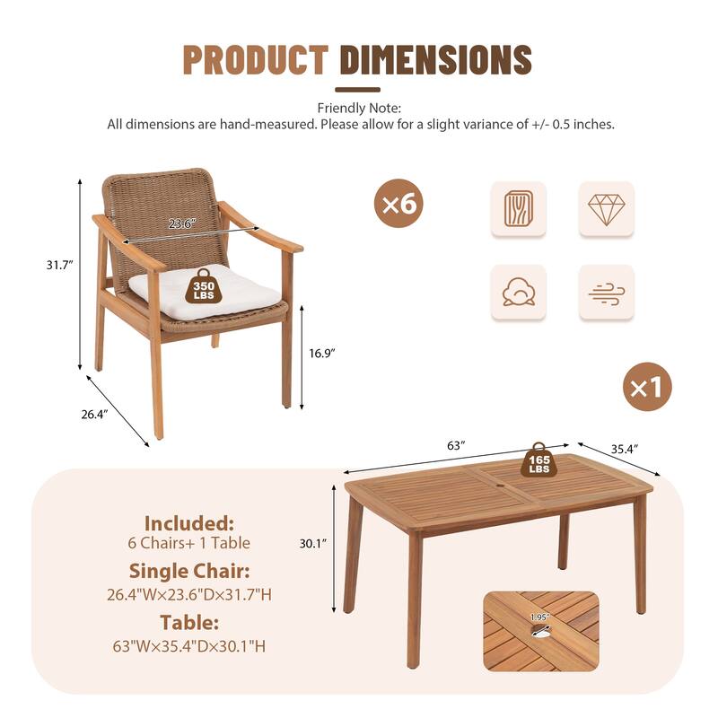 Outdoor Acacia Wood Dining Set with PE Wicker Rattan Dining Chairs And Table with Umbrella Hole 7-Piece Weather-resistant Set