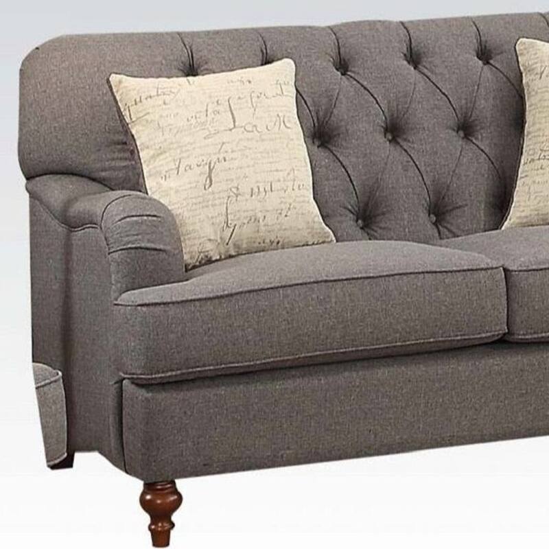 HomeRoots 61" Dark Gray And Brown Linen Curved Loveseat and Toss Pillows