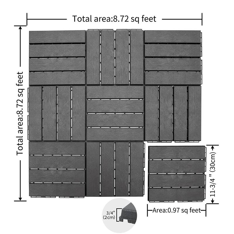9 Pack Patio Interlocking Deck Tiles 12"x12" Square Composite Decking Tiles Four Slat Plastic Outdoor Flooring Tile