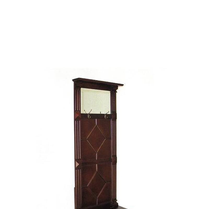 Molded Wooden Frame Hall Tree with Lift Top Box and Mirror Insert, Brown