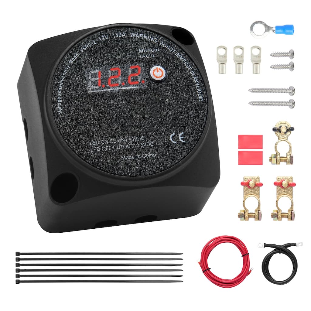 Dual Battery Isolator Kit, 12V 140Amp, Manual and Auto Modes VSR Voltage Sensitive Relay with LCD Screen, Smart Battery Isolator