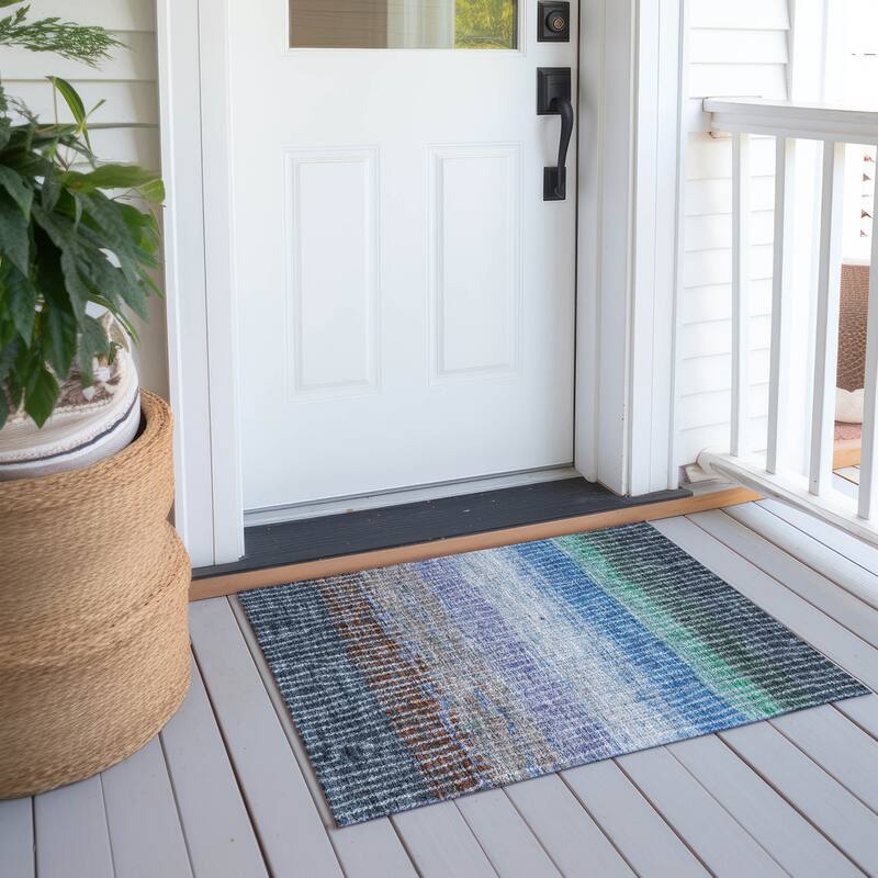 Machine Washable Indoor/ Outdoor Contemporary Stripes Chantille Rug - Blue - 1'8" x 2'6"
