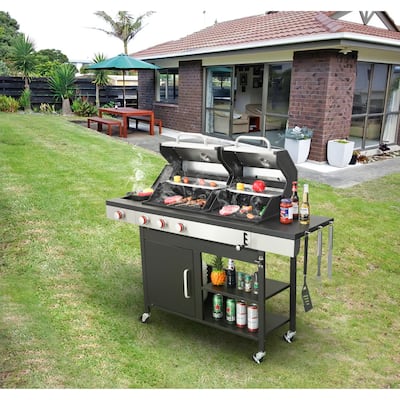 3-Burner Propane Gas BBQ Grill with Side Burner, 37230BTU Output With Enameled Cast Iron Cooking Grids