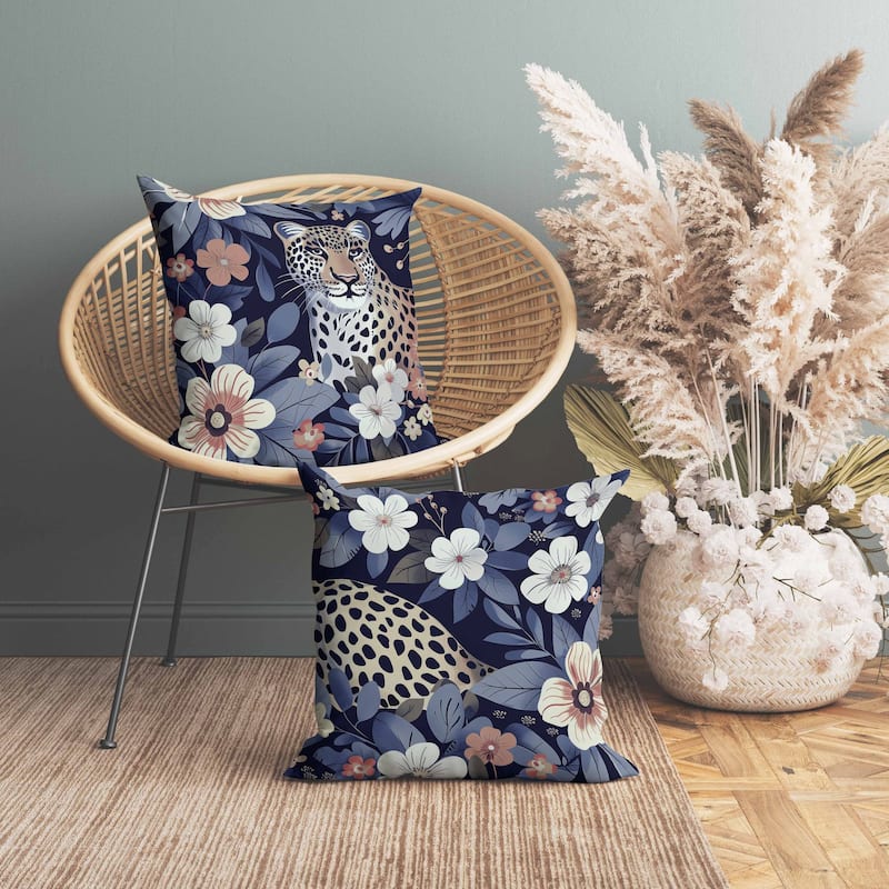 Jungle Cat Indoor/Outdoor Reversible Throw Pillow Blue and Pink