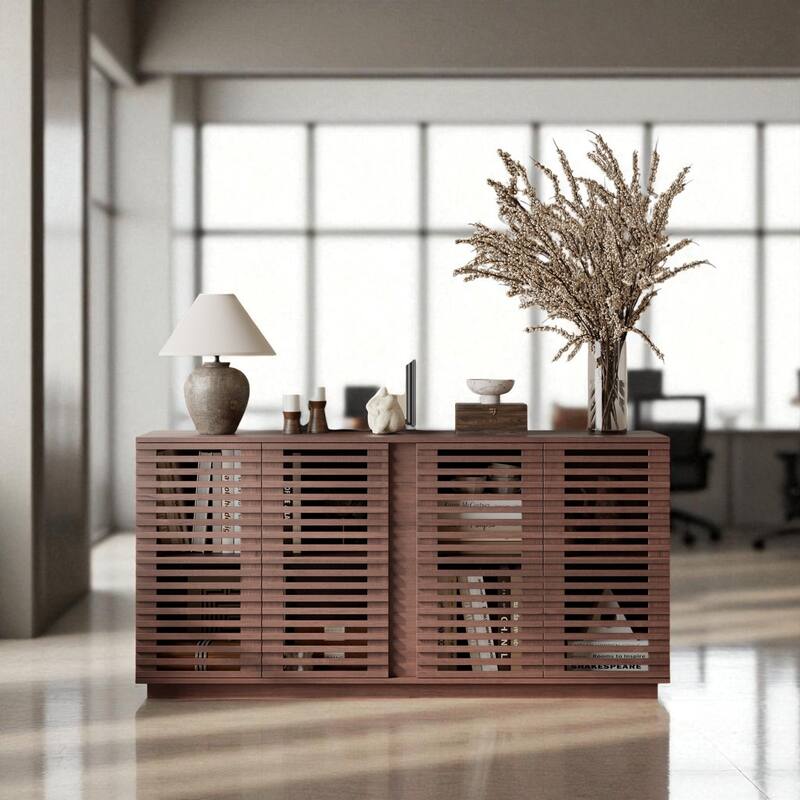 60" Buffet Sideboard Cabinet with Slatted Solid Wood Doors and Adjustable Shelves - Dining Room Storage Unit