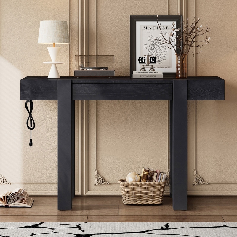 Modern 47.2" Wooden Console Table with Hidden Drawer and Side Power Outlet for Entryway or Living Room