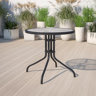 28'' Round Tempered Glass Metal Table with Rattan Edging