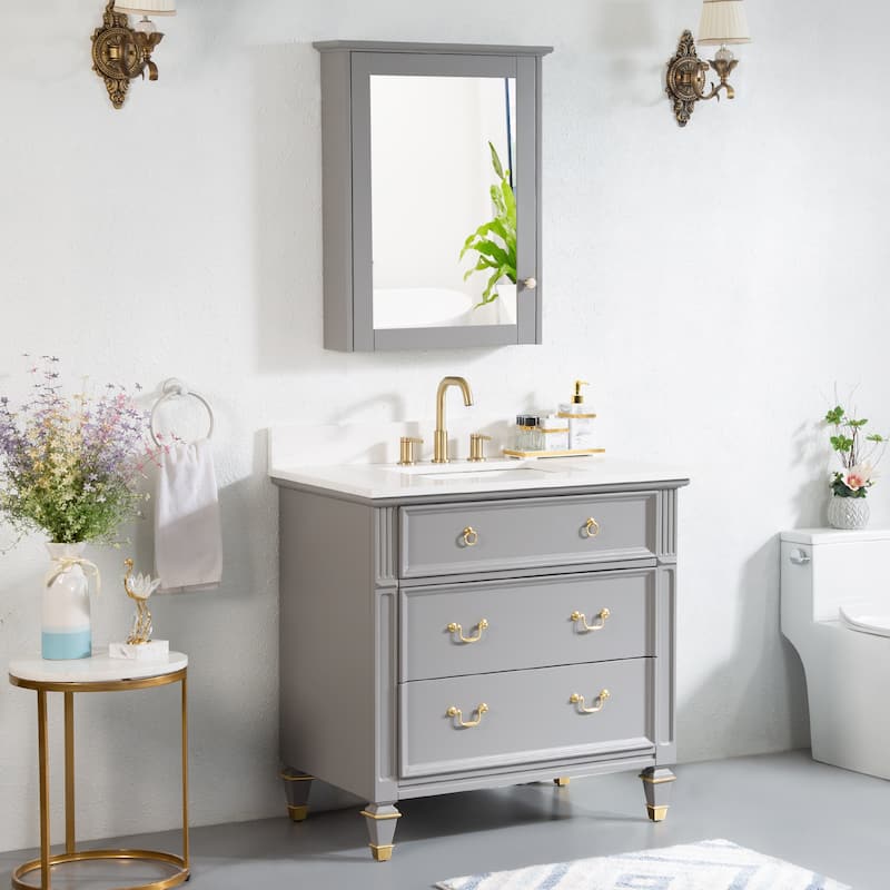 35'' H X 36'' W Solid Wood Bath Vanity with Stain-resistant Carrera White Quartz Top and Single Sink