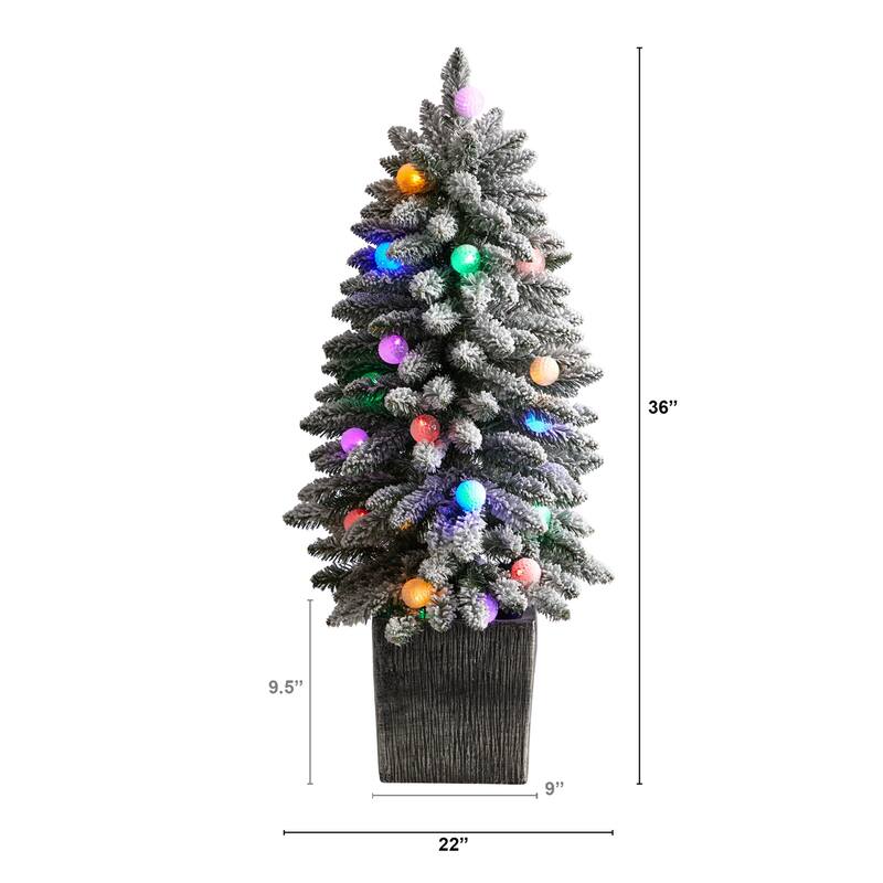 3ft. Flocked Fir Artificial Christmas Tree with 127 Branches & 20 LED Globe Lights in Planter - Cute Holiday X-Mas Accent