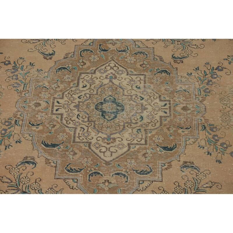 Distressed Tabriz Vintage Persian Rug Handmade Peach Wool Carpet - 9'9" x 12'9"