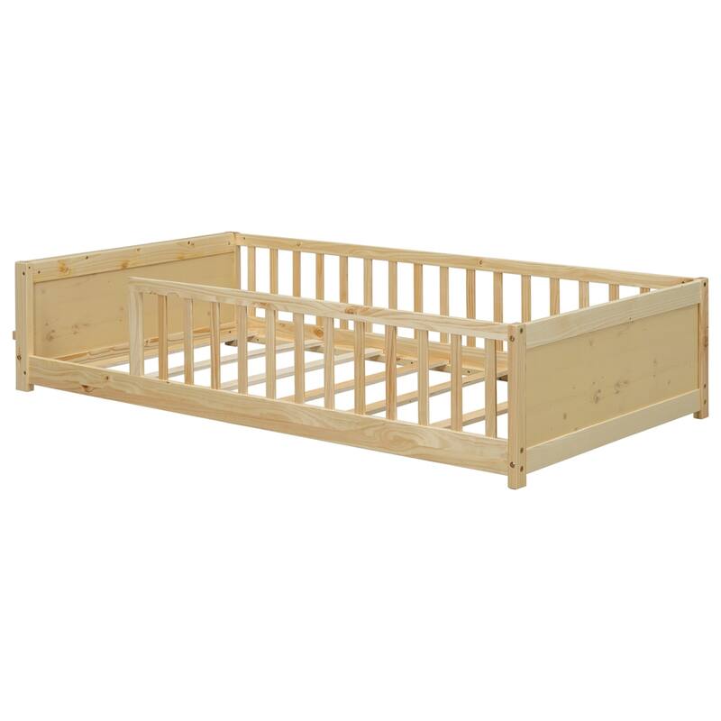 Twin Size Floor Platform Bed with Built-in Book Storage Rack