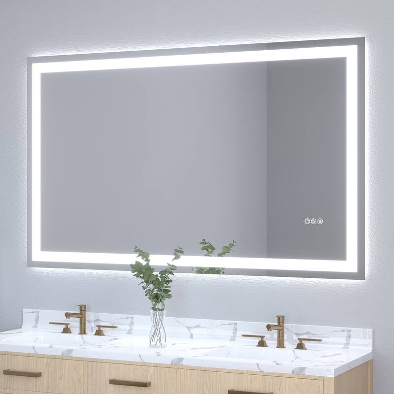 Silver Frameless LED Bathroom Mirror with Tempered Glass, Anti-Fog - 60" W x 36" H