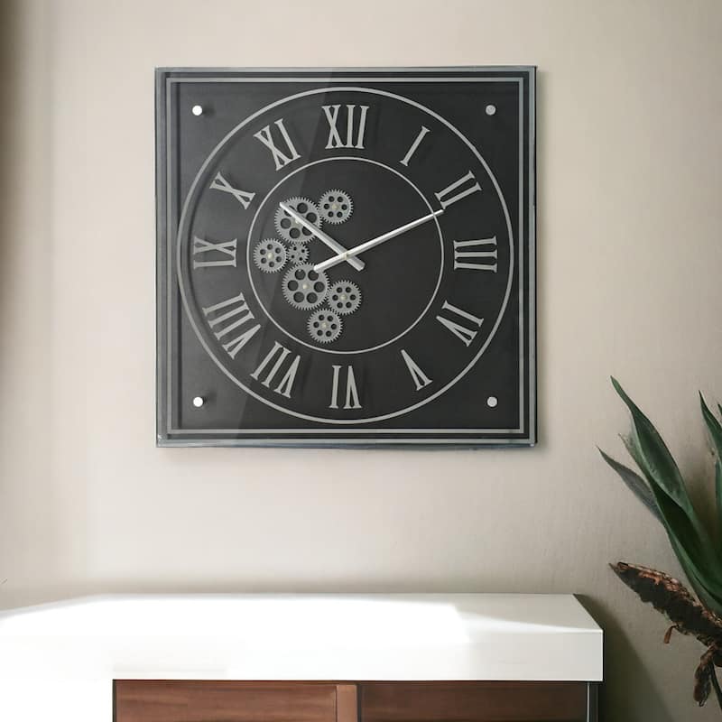 HomeRoots 24" Black and Silver Vintage Style Gears Square Wall Clock