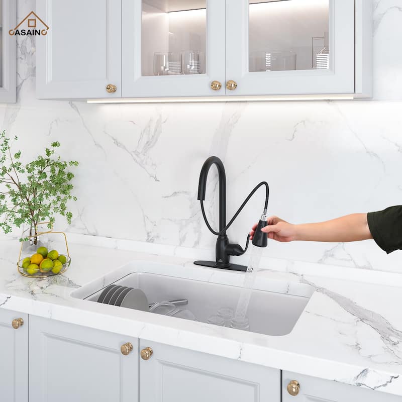 Single Handle Pull Down Sprayer Kitchen Faucet with Three Functions Spray Head - Black