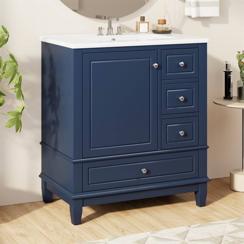 30" Bathroom Vanity with Ceramic Sink, Freestanding Bathroom Vanity Cabinet w/ 3 Storage Drawers, 1 Soft Close Door & Door Shelf